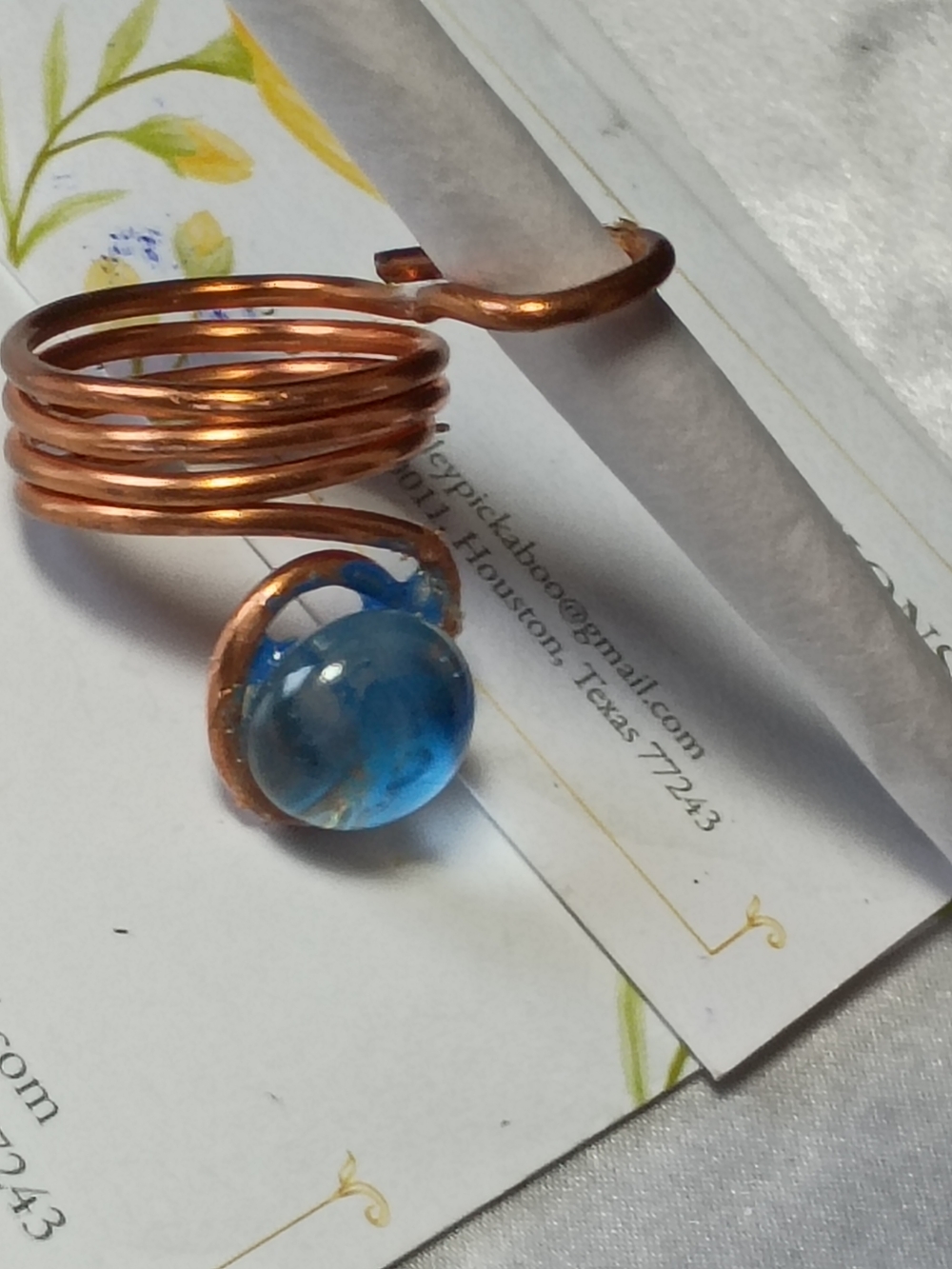 Copper Spiral Ring with Blue Glass Stone - Picture 8 of 12